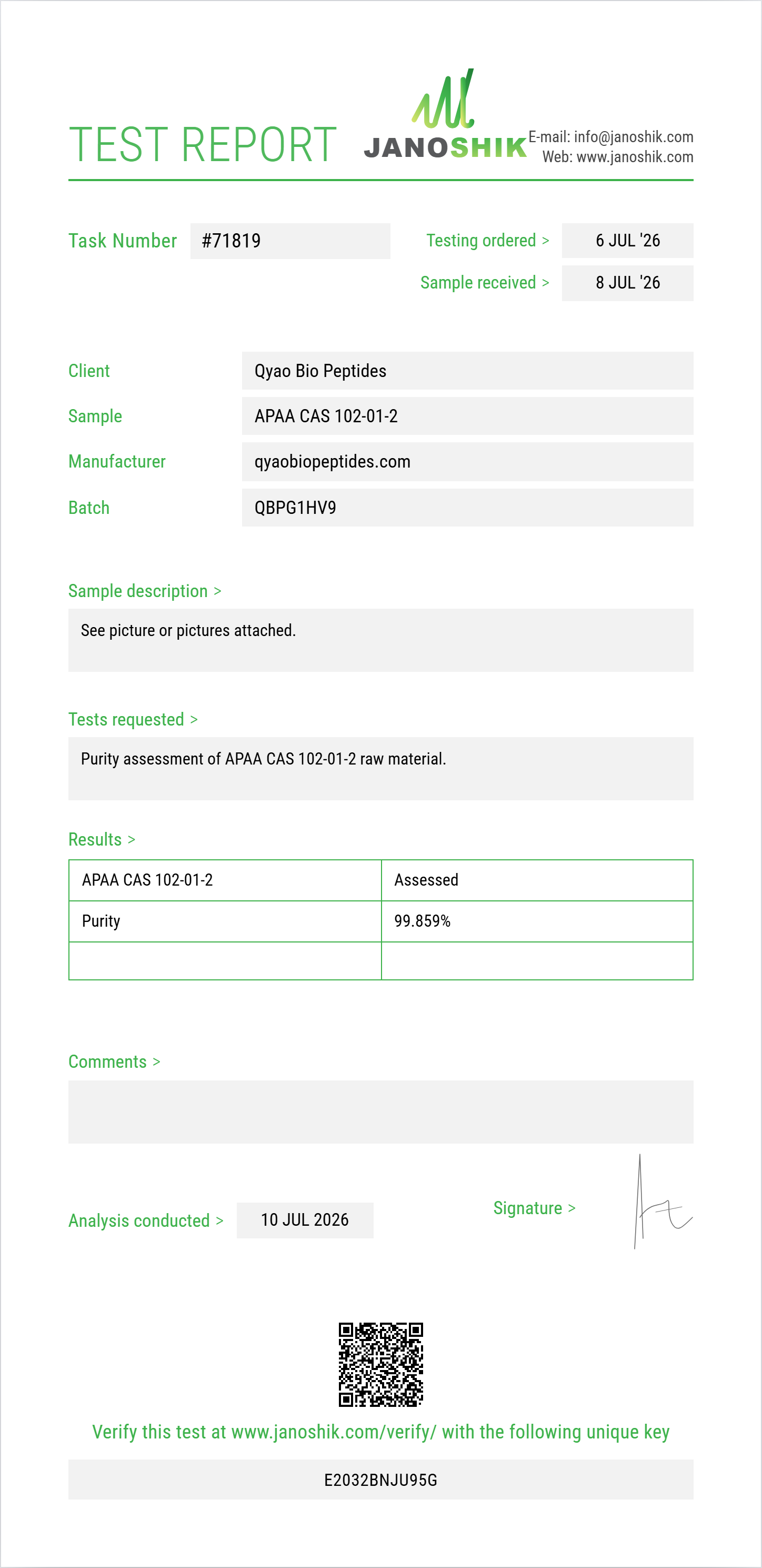 APAA (alpha-phenylacetoacetamide) CAS 102-01-2 Purity (HPLC) report by Janoshik Analytical