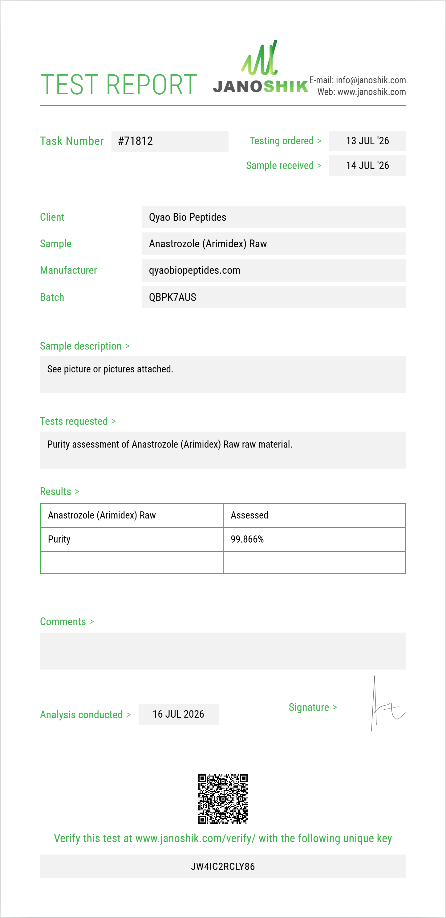 Anastrozole (Arimidex) Raw Purity (HPLC) report by Janoshik Analytical