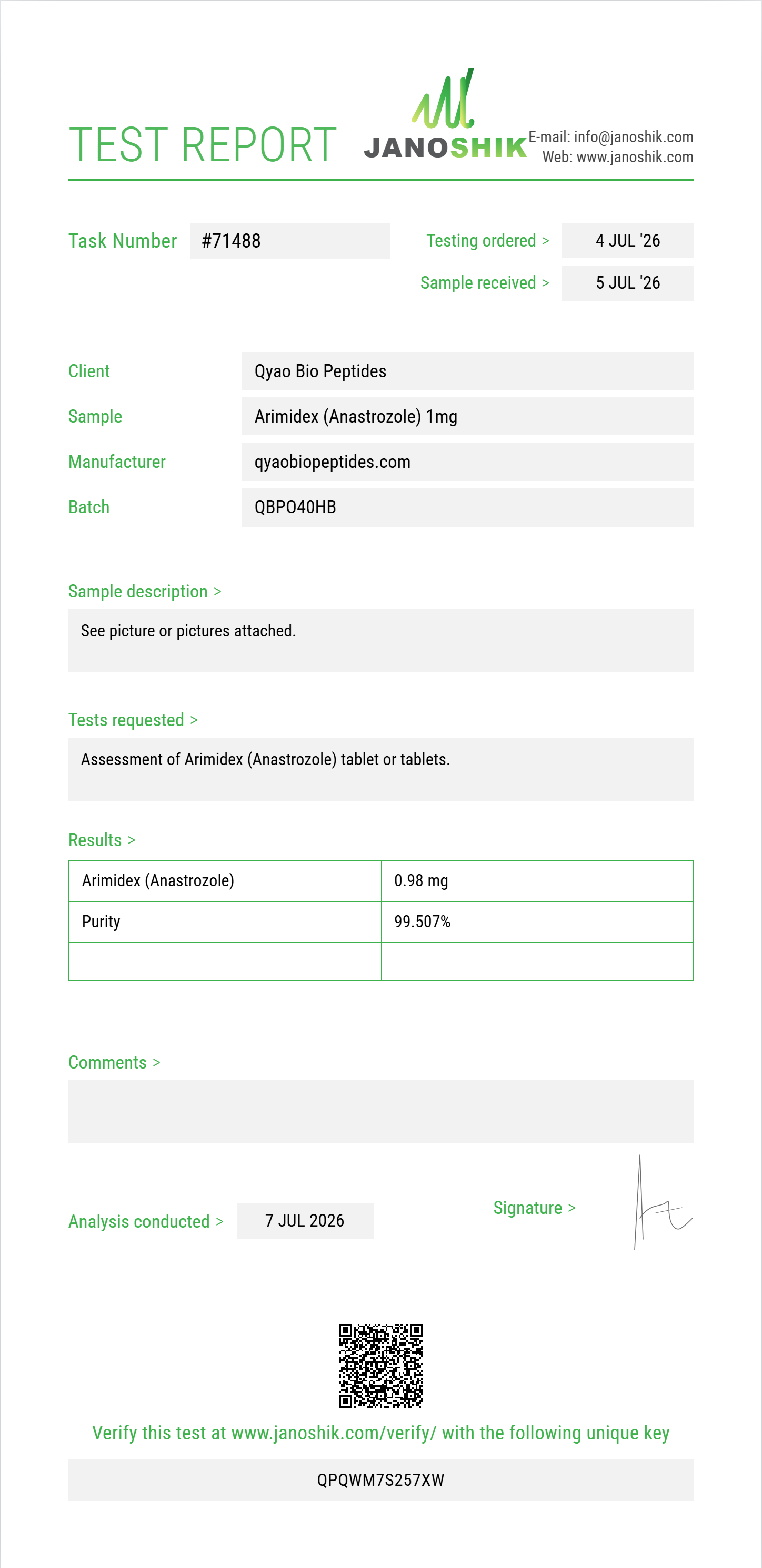Arimidex (Anastrozole) Purity (HPLC) report by Janoshik Analytical