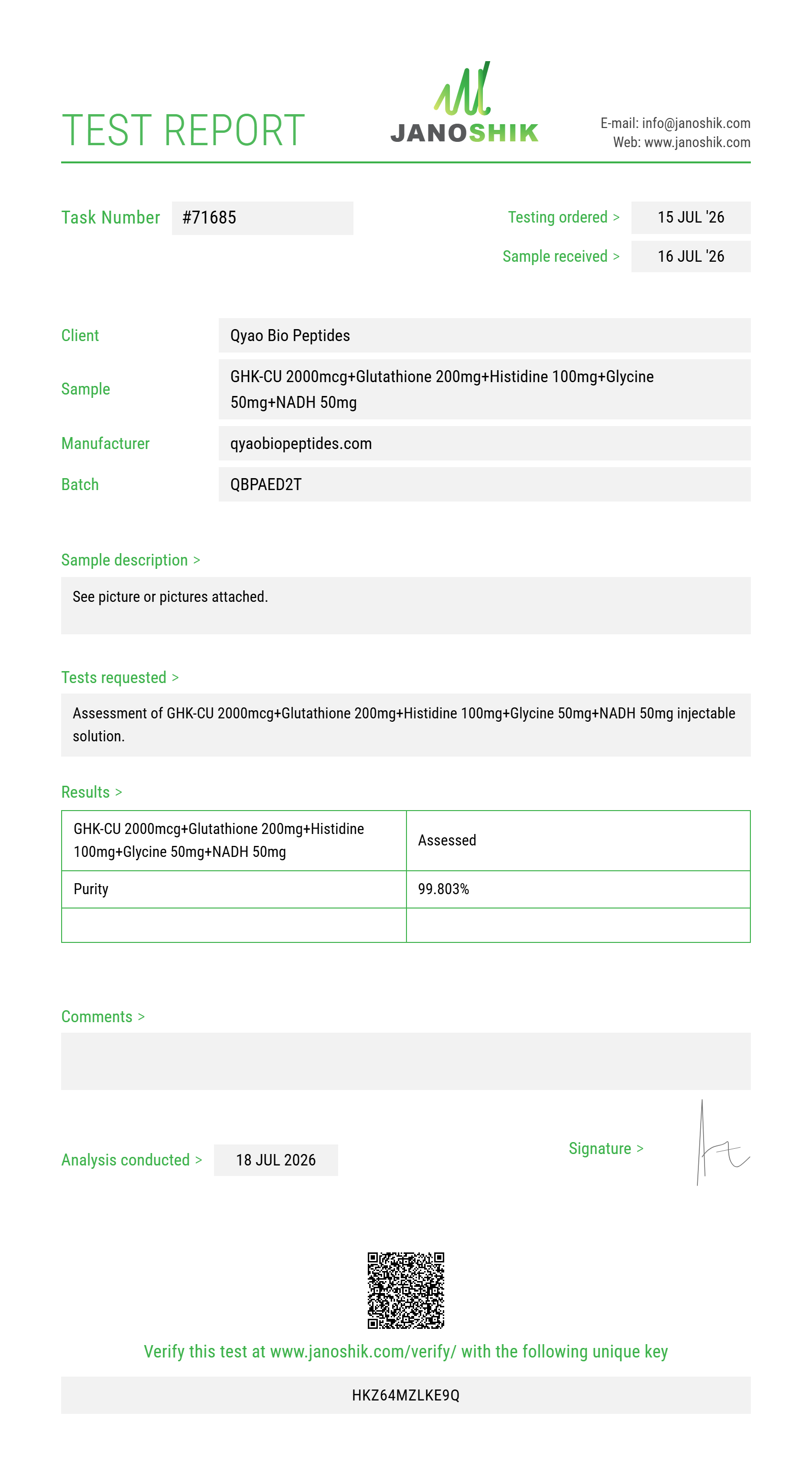 GHK-CU 2000mcg+Glutathione 200mg+Histidine 100mg+Glycine 50mg+NADH 50mg Purity (HPLC) report by Janoshik Analytical