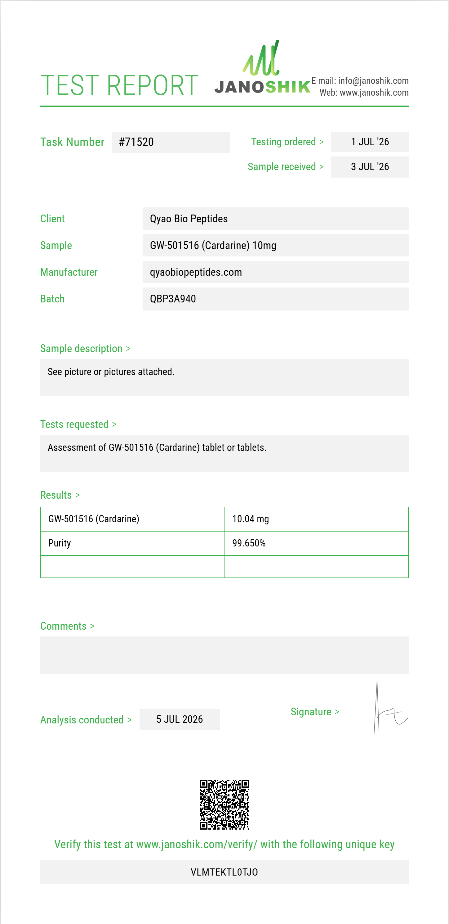 GW-501516 (Cardarine) Purity (HPLC) report by Janoshik Analytical