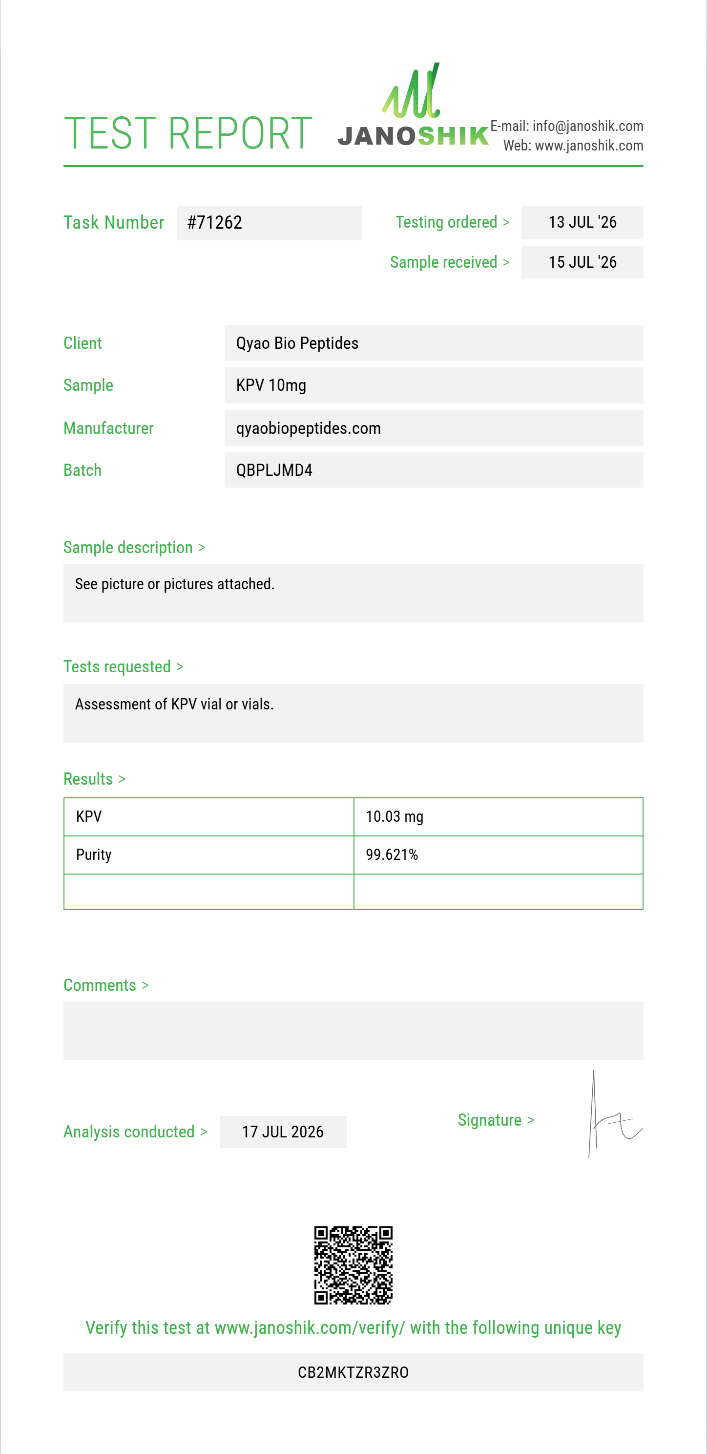 KPV Purity (HPLC) report by Janoshik Analytical