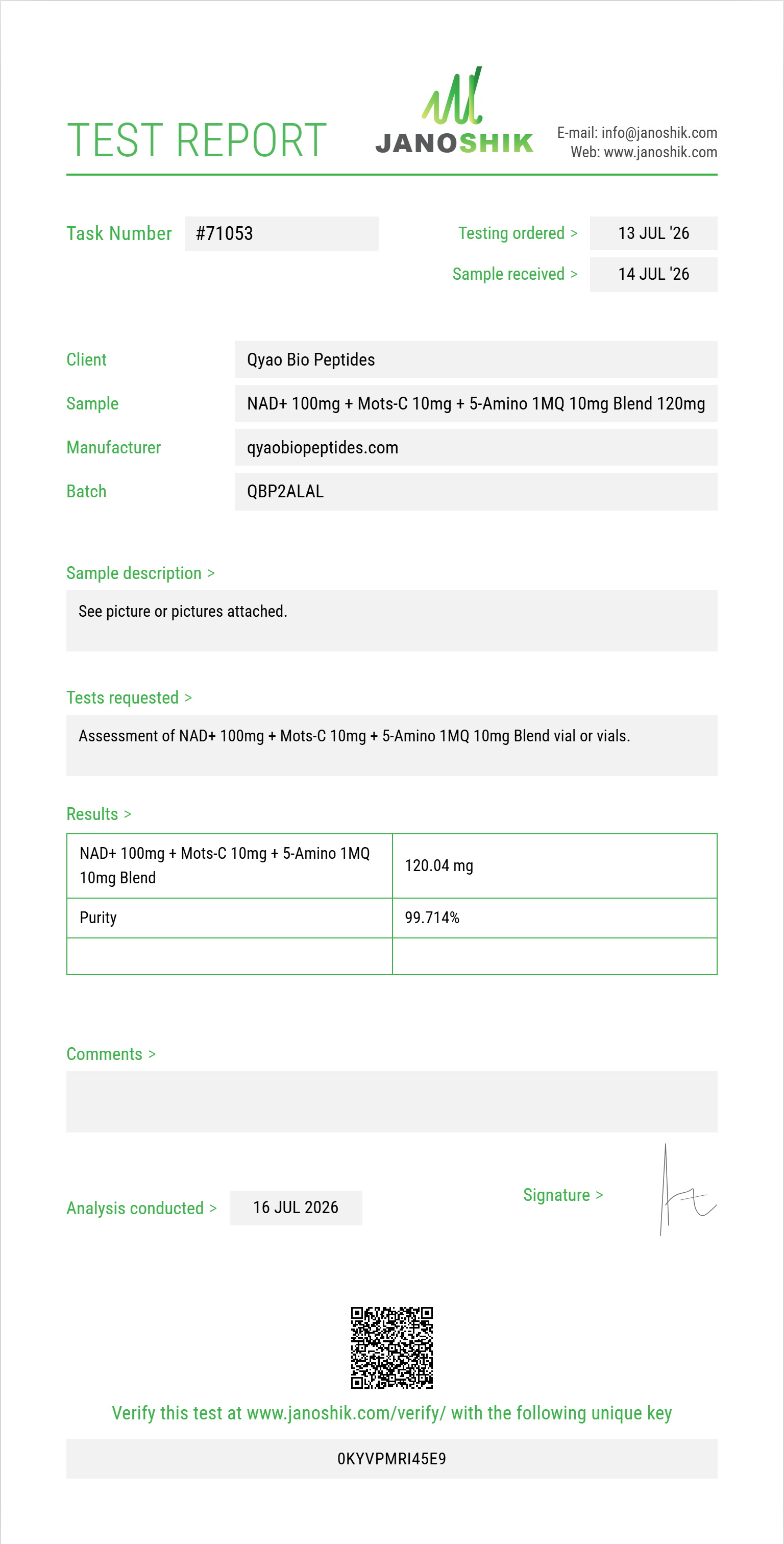 NAD+ 100mg + Mots-C 10mg + 5-Amino 1MQ 10mg Blend Purity (HPLC) report by Janoshik Analytical