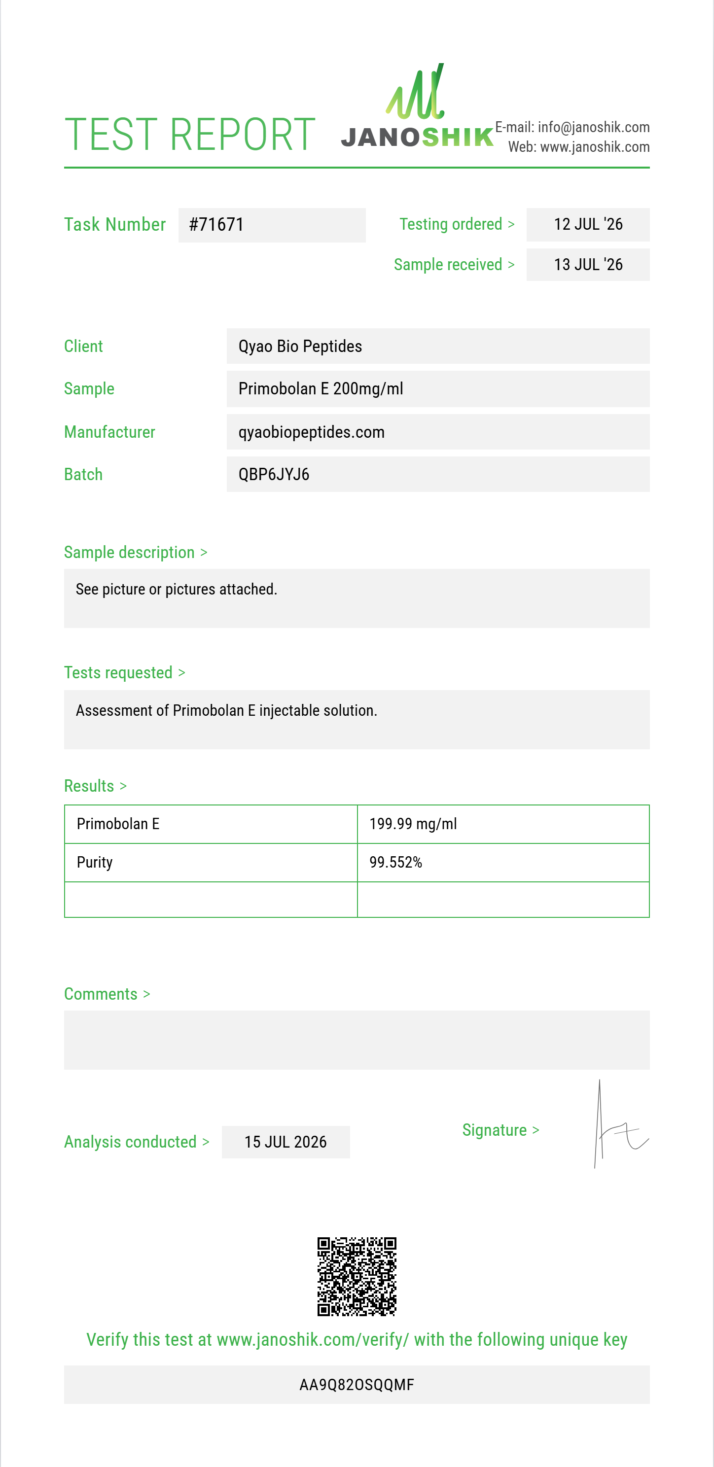 Primobolan E Purity (HPLC) report by Janoshik Analytical