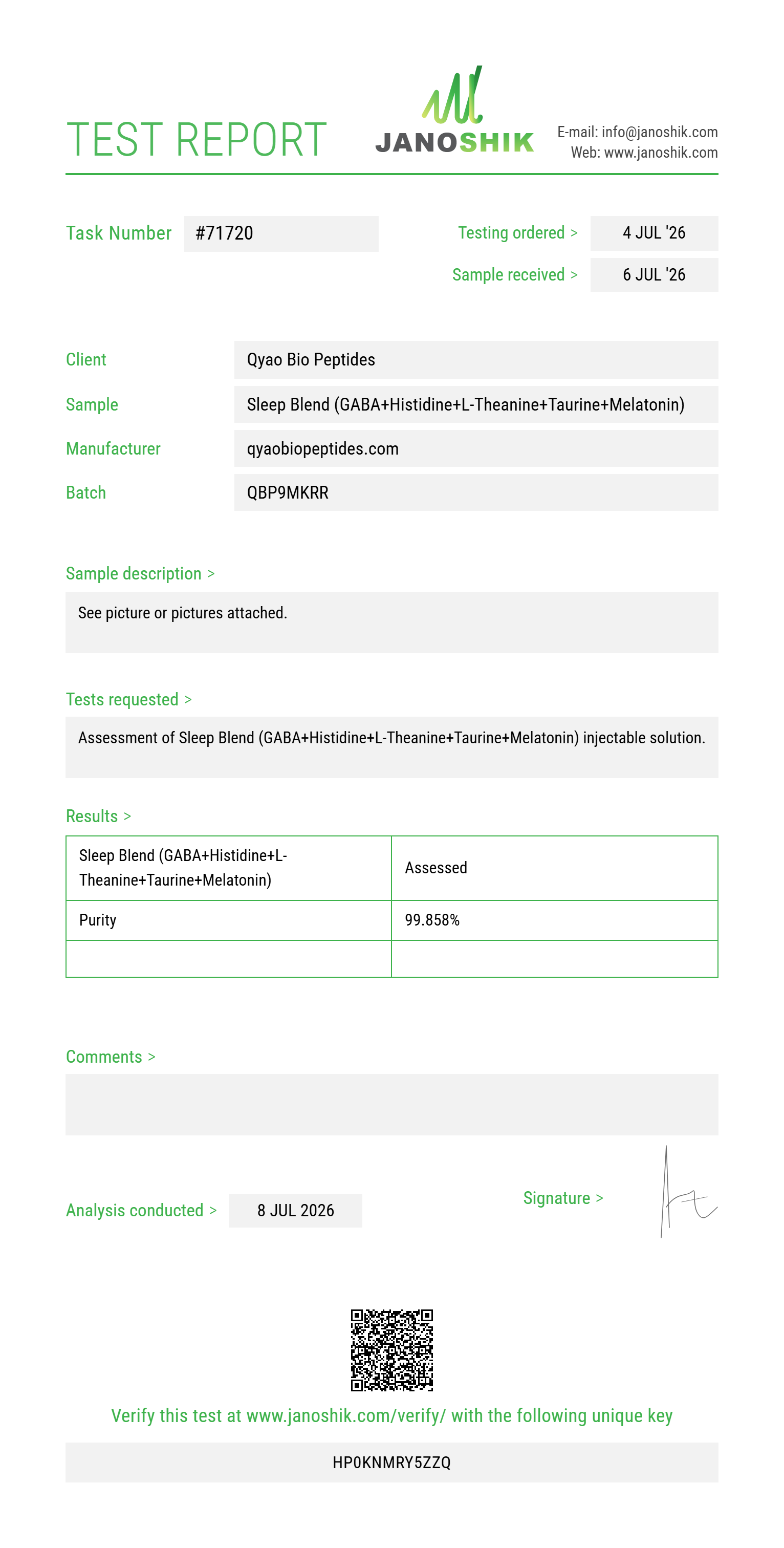 Sleep Blend (GABA 100mg+Histidine 100mg+L-Theanine 50mg+Taurine 100mg+Melatonin 2mg) Purity (HPLC) report by Janoshik Analytical
