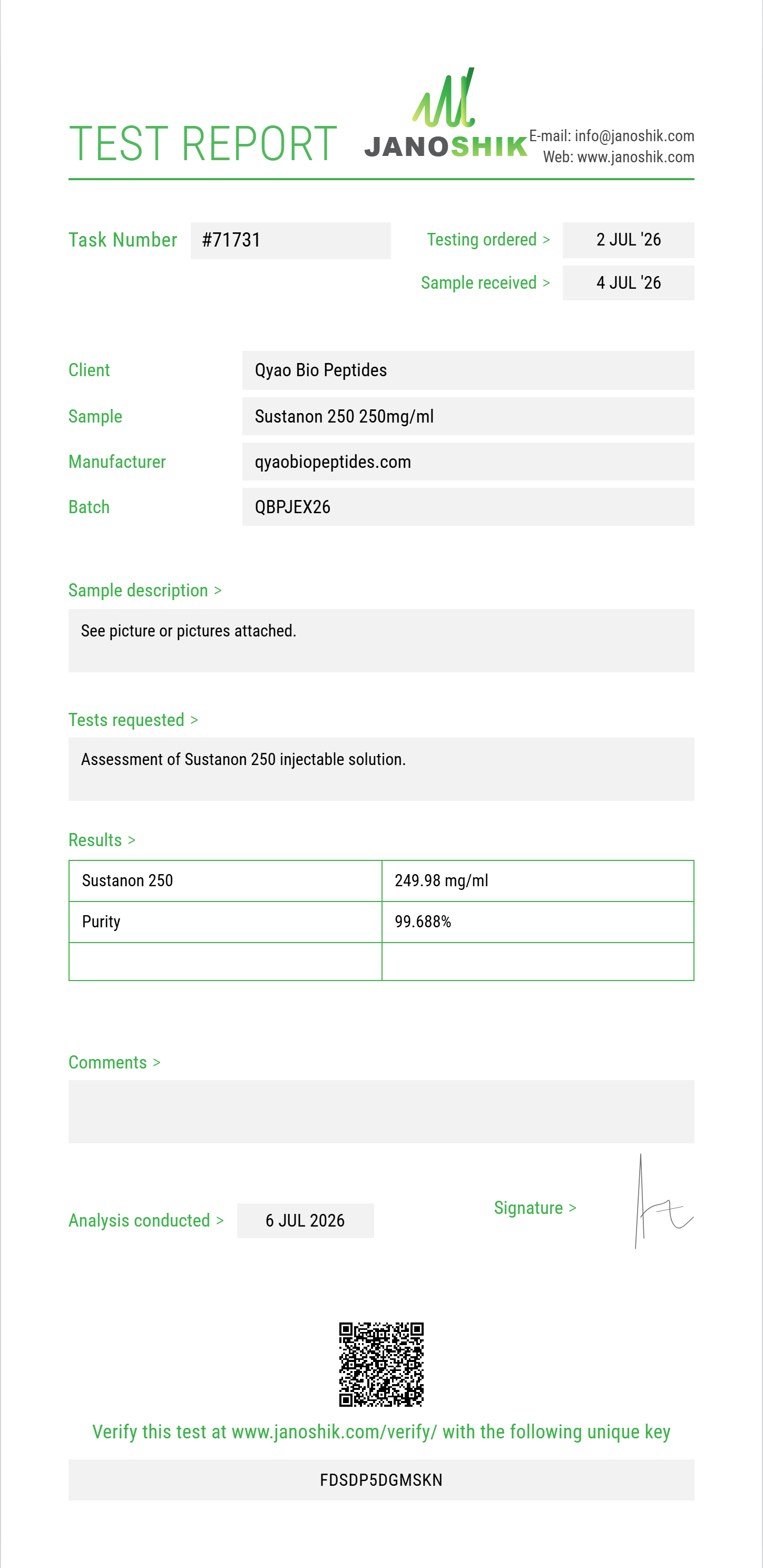 Sustanon 250 Purity (HPLC) report by Janoshik Analytical