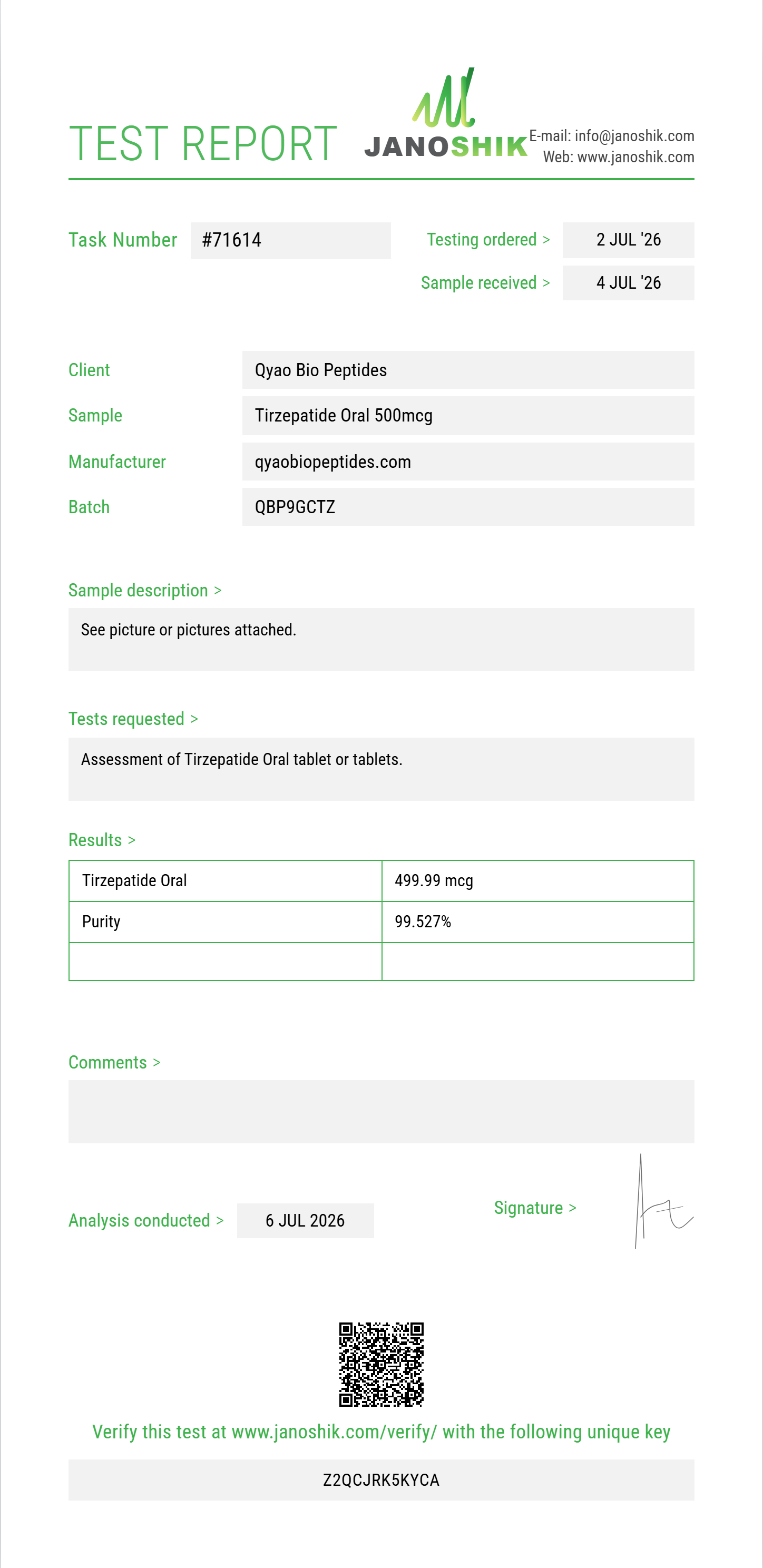 Tirzepatide Oral Purity (HPLC) report by Janoshik Analytical