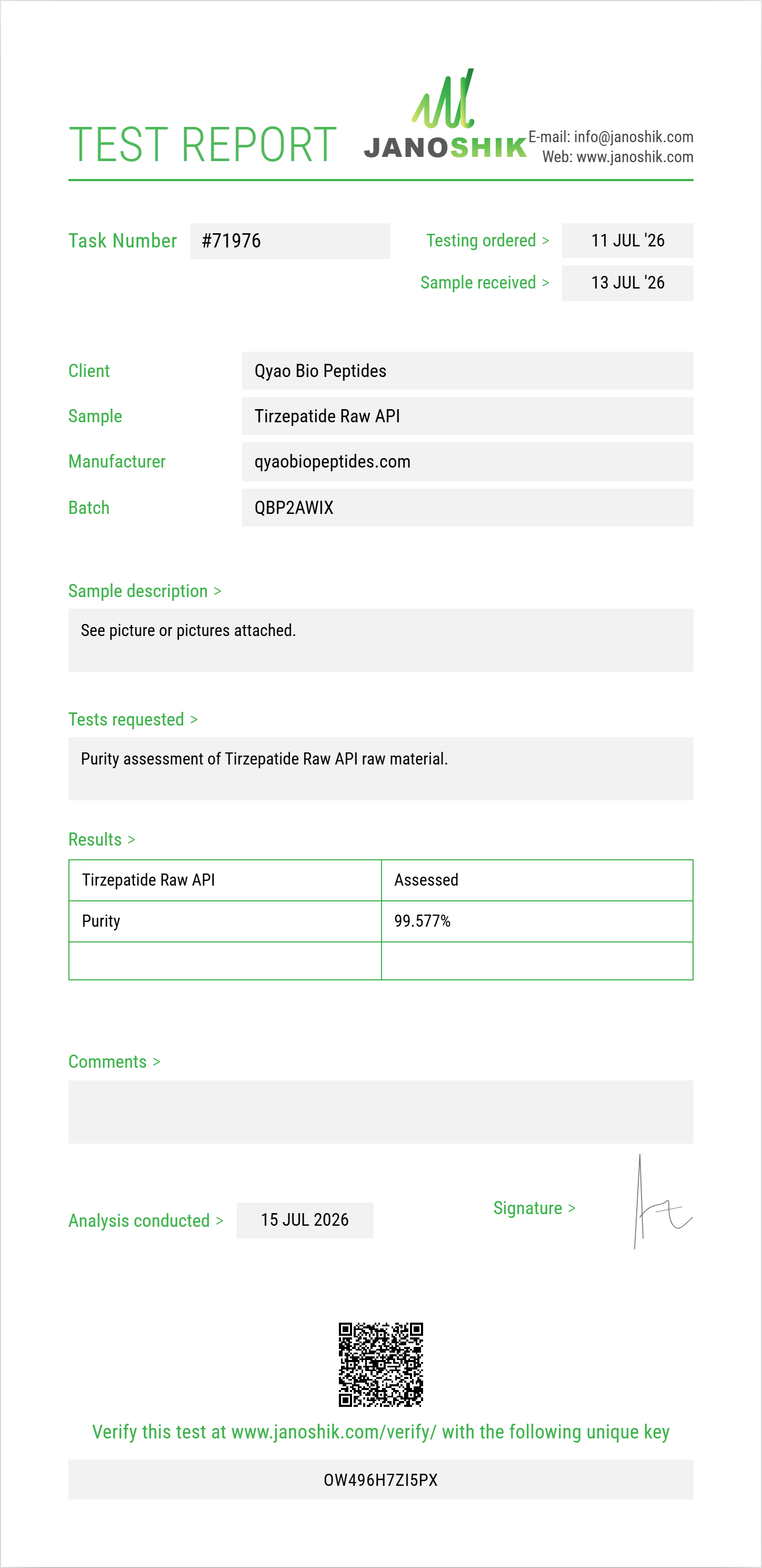 Tirzepatide Raw Purity (HPLC) report by Janoshik Analytical